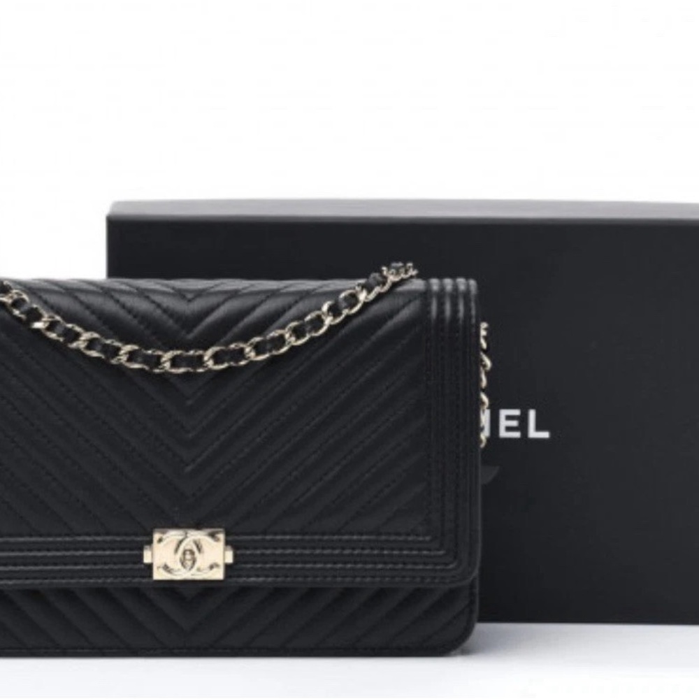 CHANEL Black Chevron Boy Wallet on Chain WOC